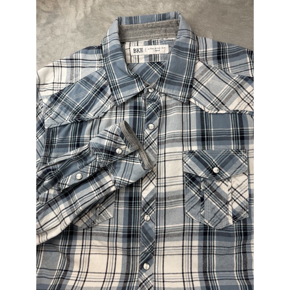 BKE Shirt Mens L Pearl Snap Athletic Fit StretchPlaid Button Up Long Sleeve